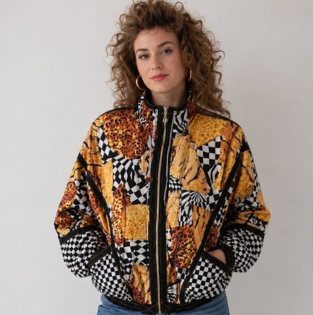 VOS SportsVintage Amimal Print Checkerd Wind Breaker Jacket